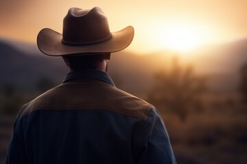 Silhouette of a cowboy looking out at the sunset