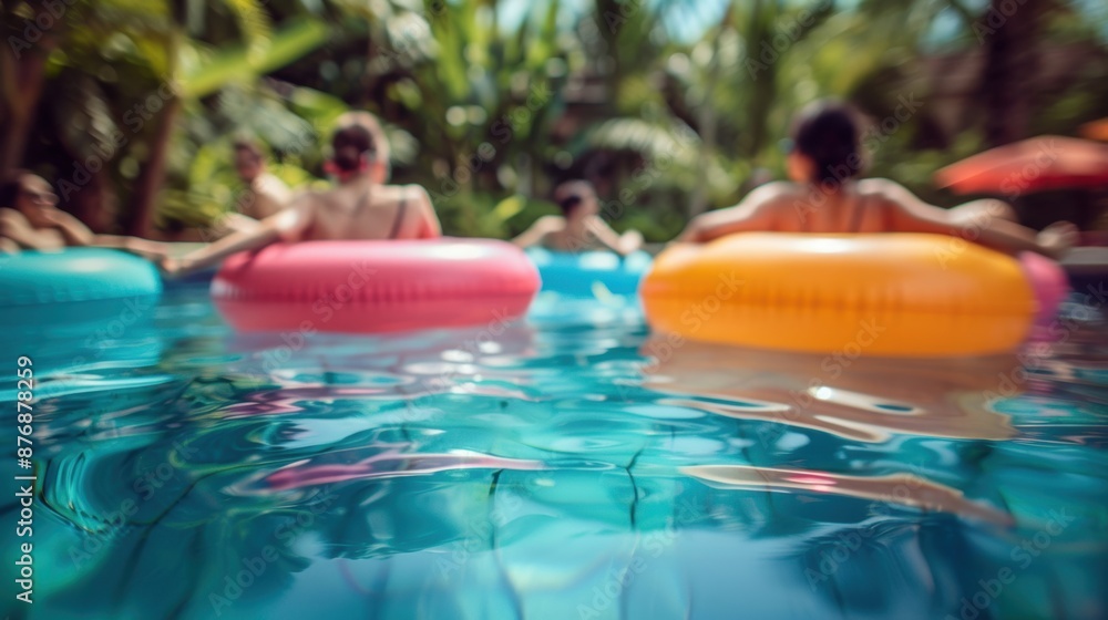 Aufkleber people enjoying a sunny day floating on colorful inflatables in a refreshing pool surrounded by lush
