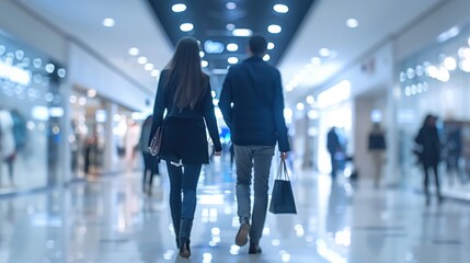 A couple walking through a modern shopping mall, holding bags and enjoying their shopping experience amidst bright lights.