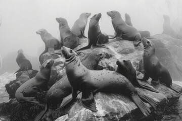 A group of Steller's sea lions hauled out on a rock in the Alaska