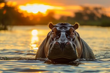 A hippopotamus ( Hippopotamus amphibius ) front view at water level during sunset, Khwai River, Botswana, Africa