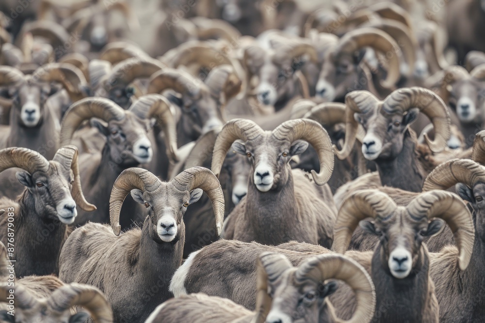 Wall mural a large band of bachelor bighorn sheep stand tightly packed together jostling and lightly sparring.