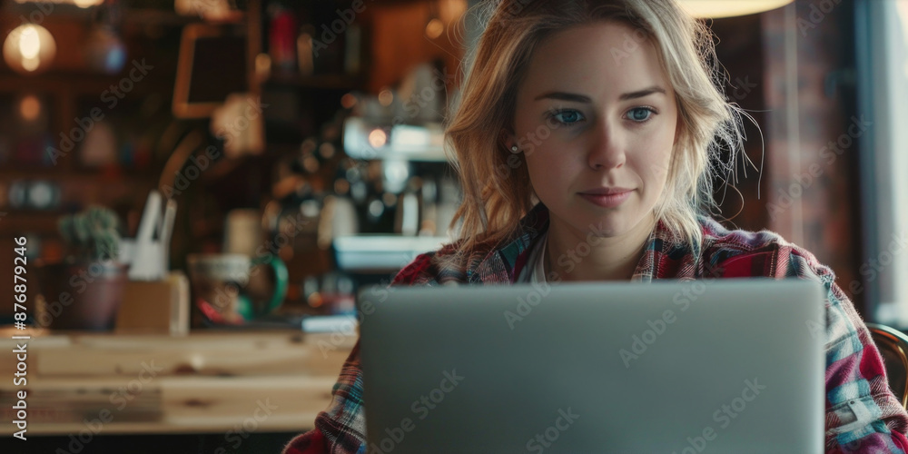 Aufkleber a person sitting in front of a laptop computer with a calm expression