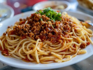 Freshly cooked spaghetti and meat on a clean white plate, ready for serving