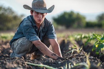 A man is kneeling in a field, wearing a cowboy hat