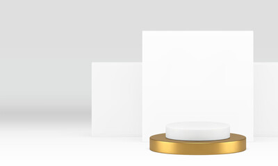 Luxury white showroom 3d golden podium for product show realistic vector illustration