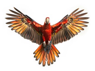 Fototapeta premium A bright red and yellow bird soars through the air, its feathers glistening in the sunlight