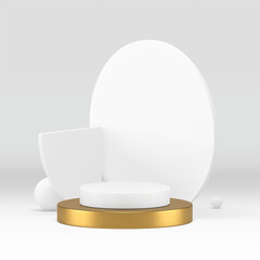 White geometric 3d podium golden pedestal for show realistic vector illustration