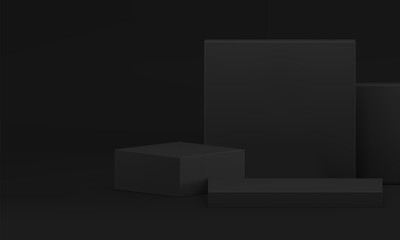 Black squared 3d podium pedestal mock up for fashion product show realistic vector illustration