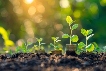 Using coins to grow plants. Concept of finance and accounting.
