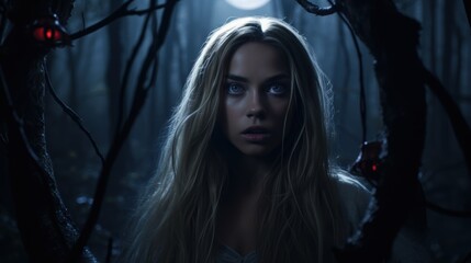 Mysterious woman in dark forest