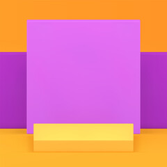 Yellow squared 3d podium pedestal with purple wall background realistic vector illustration