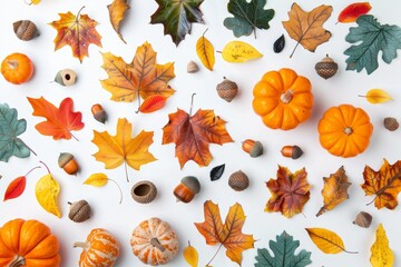 Dried leaves, pumpkins, flowers, rowan berries on white background. Autumn, fall, halloween, Thanksgiving concept. Flat lay, top view, copy space.