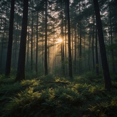 The forest floor is a mosaic of textures and colors: a bed of fallen leaves, twigs, and pine needles, interspersed with vibrant patches of ferns, mushrooms, and tiny wildflowers. Sunlight streams thro
