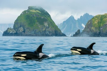 Fototapeta premium A pair of resident Orcas cruise the waters of Kenai Fjords National Park in Alaska. The Gulf of Alaska and several small islands can be seen in the background