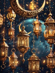 Obraz premium A bunch of gold lanterns hang from a ceiling, ideal for decorative purposes or as a creative prop
