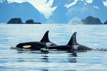 Fototapeta premium A pair of resident Orcas cruise the waters of Kenai Fjords National Park in Alaska. The Gulf of Alaska and several small islands can be seen in the background