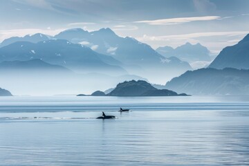 Obraz premium A pair of resident Orcas cruise the waters of Kenai Fjords National Park in Alaska. The Gulf of Alaska and several small islands can be seen in the background