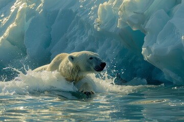 A polar bear getting into the water from an iceberg