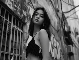 Naklejka premium A woman stands in front of a building with an urban landscape