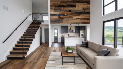 Fototapeta premium Modern home with decor made from reclaimed wood and metal, sustainable interior design, eco-friendly living