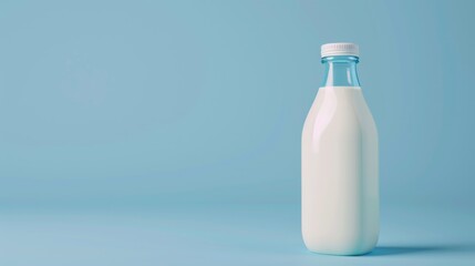 A bottle of milk sitting on a blue surface