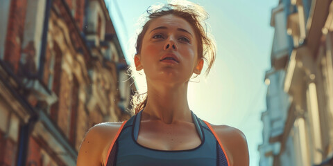 A woman wearing a sports bra top stands in front of a building, suitable for use as a background or illustration