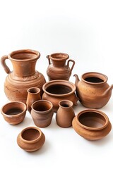 A collection of ceramic pots placed on a wooden surface, ideal for use in still life photography or as a decorative element