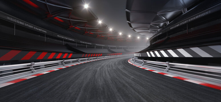 Fast ride on racing track and empty grandstands around asphalt road at night. Professional digital 3d illustration of racing sports.