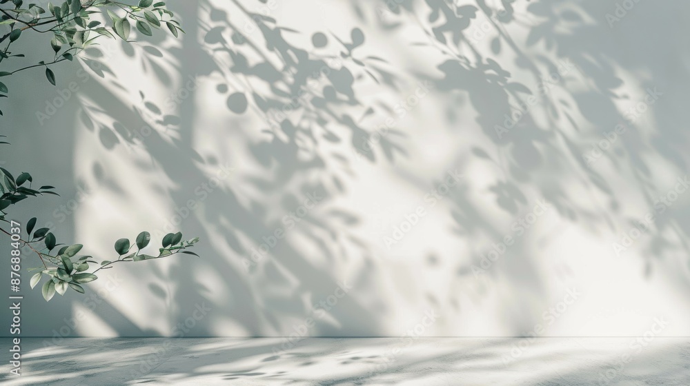Poster minimalist scene with soft shadows of leaves creating patterns on a white wall, evoking a calm and e