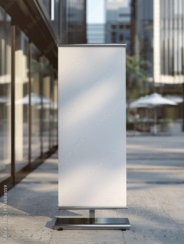 Poster a blank sign standing in front of a building, perfect for use as a placeholder or to represent a mis