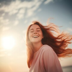 Fototapeta premium Young chubby woman laughing outdoors adult.