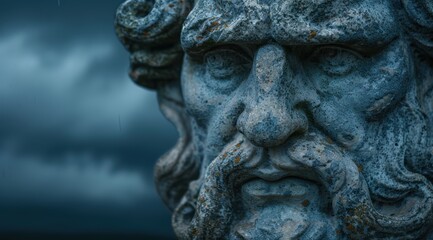 Weathered stone face sculpture with a pensive expression