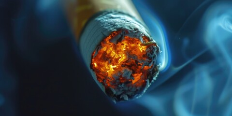 A burning cigarette photographed in detail, set against a blue background