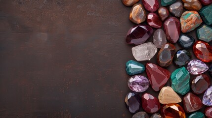 Naklejka premium Assortment of colorful gemstones and crystals on dark background
