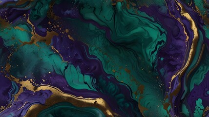 Deep purple and emerald green marble liquid texture with bronze splashes, luxury background