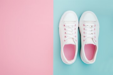 Fototapeta premium New pink and white sneakers on a split pink and turquoise background, highlighting trendy and casual footwear