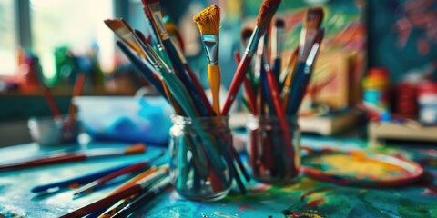 Fototapeta premium A collection of paint brushes sits on a table