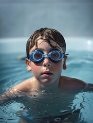 Naklejka premium A young boy wears goggles and swims in a pool