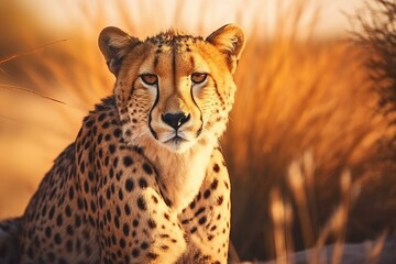 Portrait of cheetah sitting in Golden Savanna at sunset