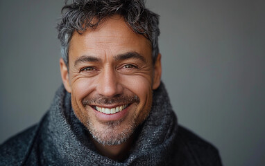 A man with graying hair smiles warmly as he looks directly at the camera, wearing a gray scarf