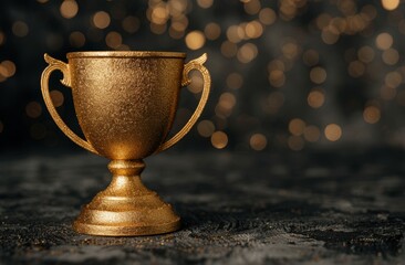 golden trophy on dark background with bokeh lights