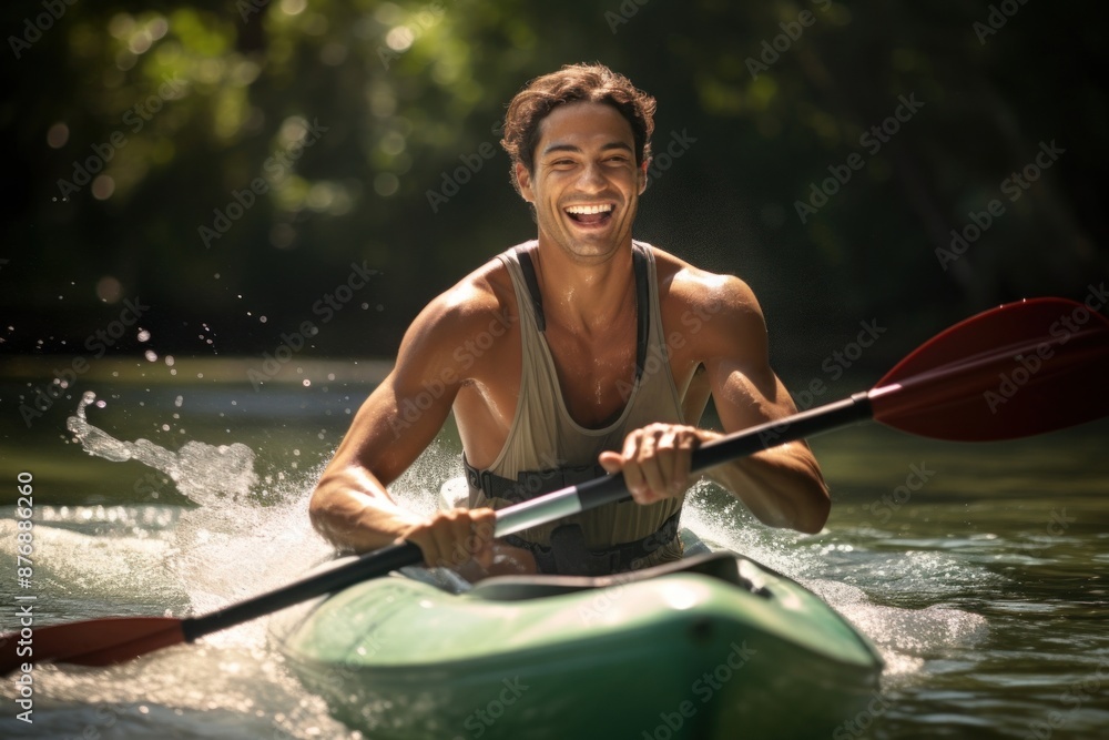 Sticker Happy Latino man kayaking recreation vehicle.