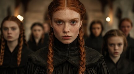 Intense gaze of a young woman with braided red hair