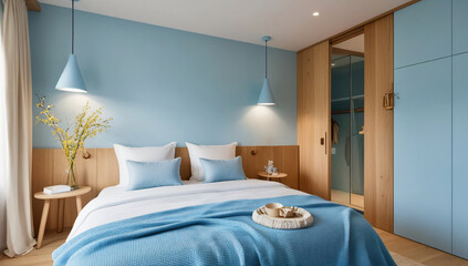 Light blue main bedroom model, Scandinavian Style.