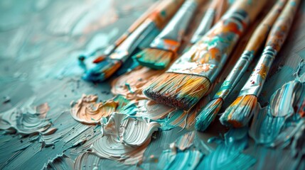Fototapeta premium A collection of messy paint brushes with vibrant strokes of paint, capturing the creative and artistic process.