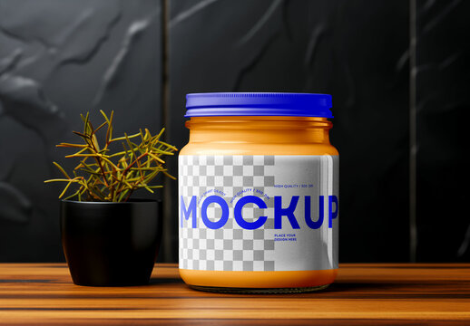 Glass Jar Mockup &ndash; Front-Facing View for Food Packaging Design such as Peanut Butter, Jam, or Sauce Label Presentation
