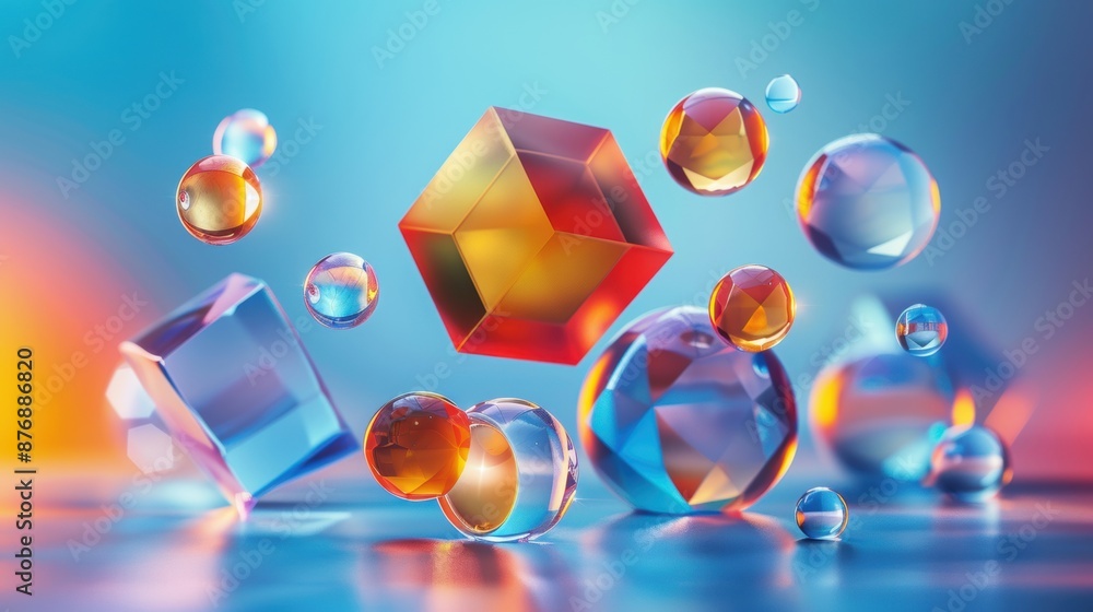 Poster abstract arrangement of colorful geometric shapes and spheres, creating a vibrant and playful visual