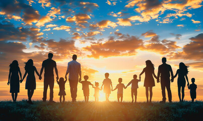 Fototapeta premium People silhouetted against colorful sky, celebrating Friendship Day outdoors