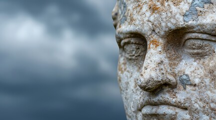 Obraz premium Close-up of a weathered stone face against a blurred background